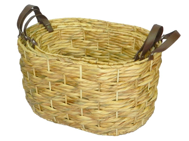 Artisanal Oval Water Hyacinth Storage Basket with Leather Handles
